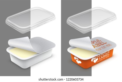 Vector labeled open rectangular plastic container with foil, transparent lid and butter, melted cheese or yoghurt within. Packaging mockup illustration.