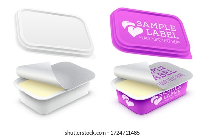 Vector labeled open rectangular plastic container with foil seal, lid and foodstuff or cosmetics cream within.  Packaging mockup illustration isolated on white background.