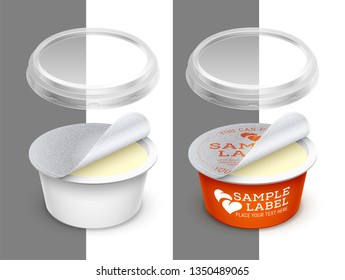 Vector labeled open round container with foil, transparent lid and butter, melted cheese or cosmetics within. Packaging template illustration.