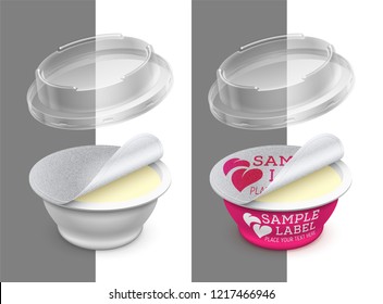 Vector labeled open round plastic container with foil, transparent lid and butter, melted cheese or margarine spread within. Packaging mockup illustration.