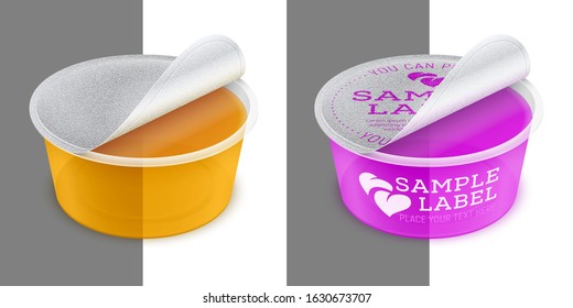 Vector labeled open round transparent plastic container with foil for foodstuff or cosmetics cream. Packaging mockup illustration.