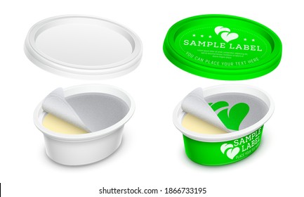Vector labeled oval plastic container with opened lid and foil seal with butter, cosmetics cream or yogurt within.. Mockup isolated on white background. Packaging template illustration.