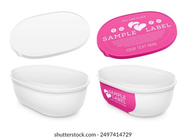 Vector labeled plastic open empty oval container for ice-cream, yogurt or other foodstuff. Mockup isolated on white background. Packaging template illustration.