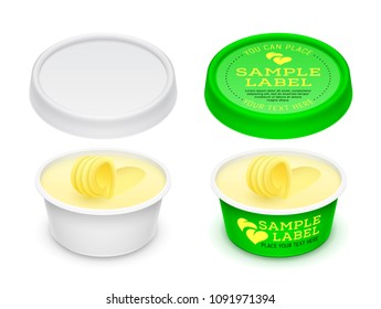 Vector labeled plastic open round container with butter, melted cheese or margarine spread within. Mockup isolated over a white background. Packaging template illustration.