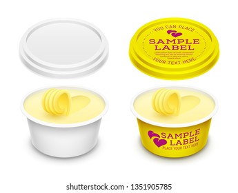 Vector Labeled Plastic Open Round Container With Curl Or Roll Of Butter, Melted Cheese Or Margarine Spread. Mockup Isolated Over A White Background. Packaging Template Illustration.