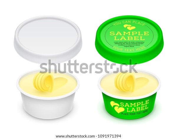 Vector labeled plastic open round container with butter, melted cheese