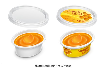 Vector labeled plastic oval container with butter, melted caramel or honey within. Mockup isolated on a white background. Packaging template illustration.