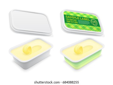 Vector labeled plastic square container with butter, melted cheese or margarine spread within. Mockup isolated over the white background. Packaging template illustration.