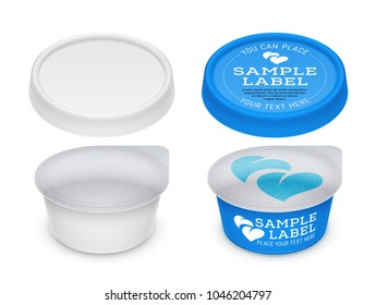 Vector labeled round plastic container with foil for butter, cosmetics cream or margarine spread. Mockup isolated over a white background. Packaging template illustration.