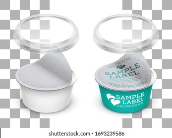 Vector labeled round plastic container with opened foil, transparent lid and butter, melted cheese or cosmetics within. Packaging mockup illustration. svg