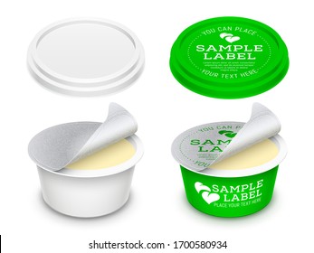 Vector labeled round plastic container with opened foil seal and lid for butter, melted cheese or cosmetics within.. Mockup isolated on white background. Packaging template illustration.