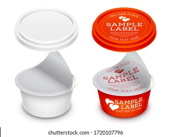 Vector labeled round plastic container with opened foil seal and lid for butter, yogurt or cosmetics within.. Mockup isolated on white background. Packaging template illustration.