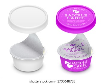 Vector labeled round plastic container with opened foil for butter, cosmetics cream or yogurt. Mockup isolated over a white background. Packaging template illustration.