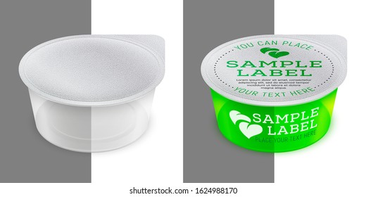 Vector labeled round transparent plastic container sealed with foil for foodstuff or cosmetics cream. Packaging mockup illustration.