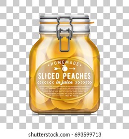 Vector labeled Swing Top Bale Glass Jar with a rubber gasket filled with sliced peaches in juice. Realistic mockup illustration isolated over transparent background.