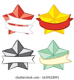 Vector labels with 3D stars. Color Star wrapped in tape. Ribbons for text. Red, yellow, green and gray Stars with ribbon. 