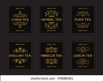 Vector labels, badges or banners for different grades of tea. Vintage ornate style, black and gold design. Emblems for china, herbal, puer, english, hibiscus, lemon tea packages  