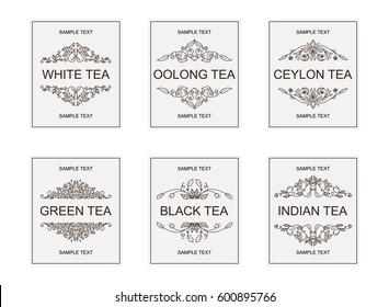 Vector labels, badges or banners for different grades of tea. Vintage ornate style. Emblems for white, oolong, Ceylon, green, black, indian tea packages. Lovely art for each grade 