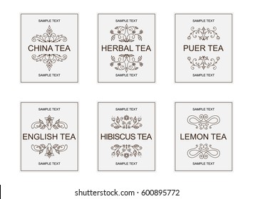 Vector labels, badges or banners for different grades of tea. Vintage ornate style. Emblems for china, herbal, puer, english, hibiscus, lemon tea packages. Lovely art for each grade 