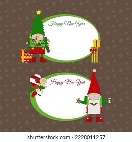Vector labels with Christmas decor. Text labels, holiday frames. New Year's frames with gnomes.