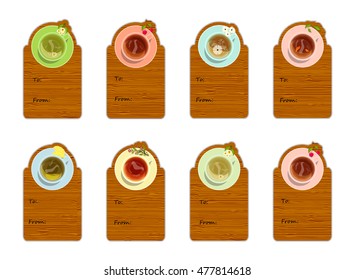 Vector labels collection for gift tags, cards, notes, stickers or bookmarks. Lay flat style, illustration of cups of black, green, white, daisy, herbal, puerh, hibiscus, oolong tea with plates