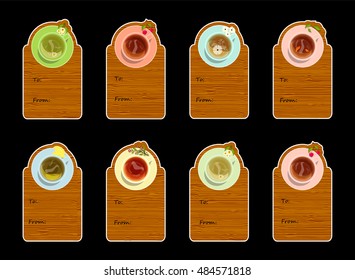 Vector labels collection for gift tags, cards, notes, stickers or bookmarks. Lay flat style, illustration of cups of black, green, white, daisy, herbal, puerh, hibiscus, oolong tea with plates