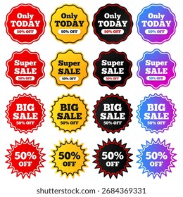 Etiquetas de Vector para descuentos y ventas. Etiquetas, pegatinas con texto y etiquetas de venta. Concepto de etiqueta promocional. Elemento para su diseño.