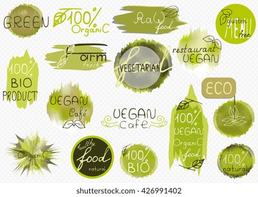 Vector labels, food tags and elements set for cafe, restaurant and products packaging. Vector. Concept of healthy lifestyle, weight loss
