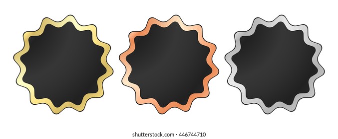 Vector labels in the form of a star in black with gold silver and bronze stroke