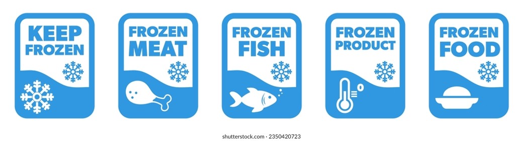 Vector labels for Frozen Products - Frozen Meat, Fish, Food. Keep Frozen sticker set.