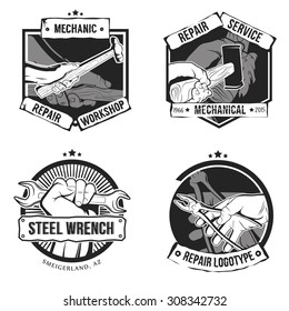 Vector labels isolated in vintage style for repair shop. Hand with wrench, hammer, pliers and sledgehammer.