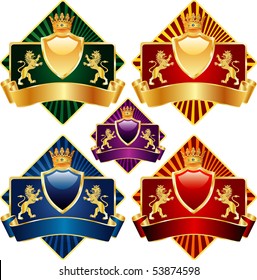 vector labels with lions in five color variations