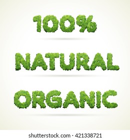 Vector labels made of green leaves. Words Natural and Organic. Beautiful text effect.