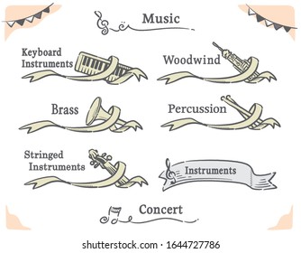 Vector labels of orchestra instruments, including woodwind, strings, brass, keyboard, percussion.