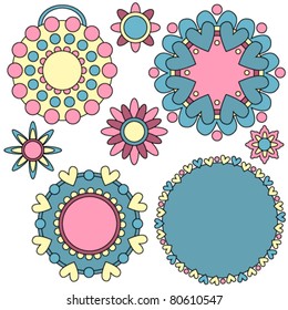 Vector labels and ornaments with hearts, dots and flowers