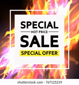 Vector labels for sale. Yellow and red fire with text special sale, hot price on black background. Illustrations for graphic and web design, for shopping, sale and discount, web.
