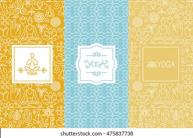 Vector labels and seamless patterns with icons and signs in trendy linear style - yoga concepts and logo templates - design for packaging and posters