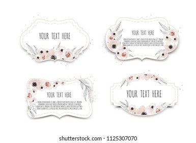 Vector labels set with flowers. Frame border with copy space.