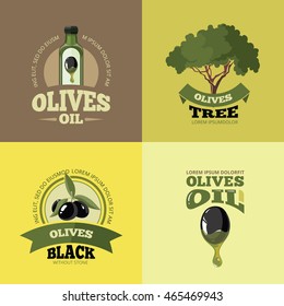 vector labels set of Olives, tree, oil botles and leaf isolated on four diferent color backgrounds. Pictures for your personal design project.
