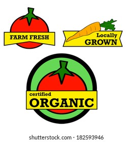 Vector labels and stickers showing fresh produce with positive messaging