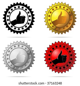 Las etiquetas vectoriales con el pulgar hacia arriba se registran aisladas en el fondo blanco.