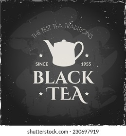 Vector labels for tradition of teatime. Illustration on a blackboard. Poster on theme tea. 