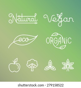 Vector labels in trendy mono line style - premium quality organic and natural badges for fresh farm products and food packaging - set of linear emblems and icons