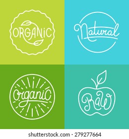Vector labels in trendy mono line style - premium quality organic and natural badges for fresh farm products and food packaging - set of linear emblems and icons