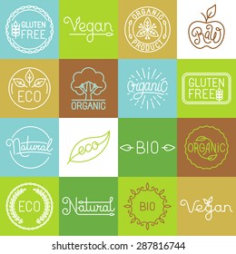 Vector labels in trendy mono line style - premium quality organic and natural badges for fresh farm products and food packaging - set of linear emblems and icons