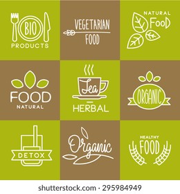 Vector labels in trendy mono line style organic and natural badges for fresh farm products and food packaging of linear emblems and icons