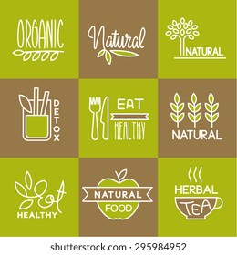 Vector labels in trendy mono line style organic and natural badges for fresh farm products and food packaging of linear emblems and icons