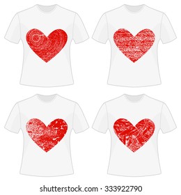 Vector labels for t-shirt design. Set of prints with four heart. Four hearts with different wooden textures.