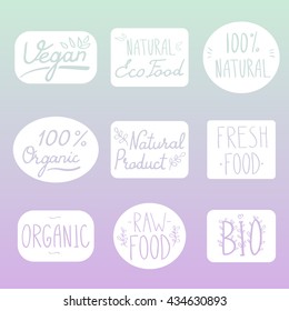 Vector labels with vegetarian and raw food diet designs. Organic food tags and elements set for organic products packaging. Vector illustrated bio detox logo.