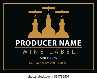 vector labels for wine with bottles and corkscrew in black and gold